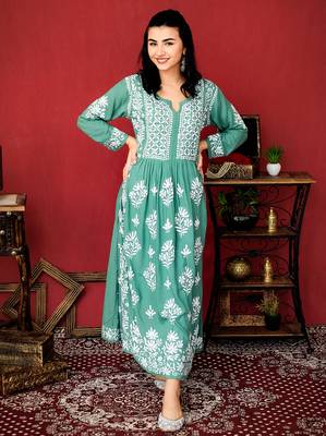 Green handmade modal a-line chikankari kurti 1