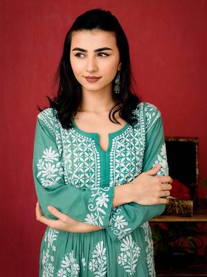 Green handmade modal a-line chikankari kurti 3