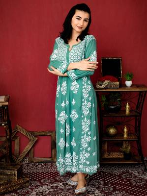Green handmade modal a-line chikankari kurti 4