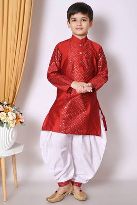 Embroidery & sequins work  maroon dupion silk kurta and patiyala set for boys 1