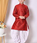 Embroidery & sequins work  maroon dupion silk kurta and patiyala set for boys