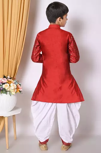Embroidery & sequins work  maroon dupion silk kurta and patiyala set for boys