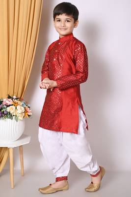 Embroidery & sequins work  maroon dupion silk kurta and patiyala set for boys 3