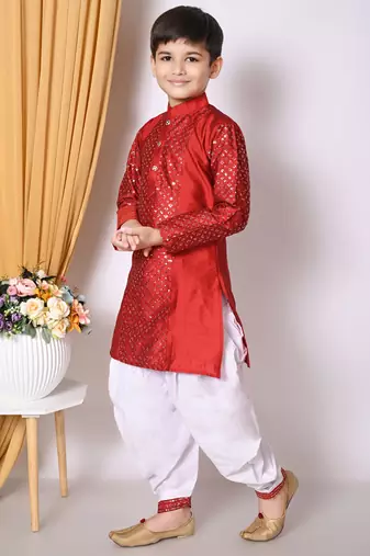Embroidery & sequins work  maroon dupion silk kurta and patiyala set for boys