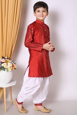 Embroidery & sequins work  maroon dupion silk kurta and patiyala set for boys 4