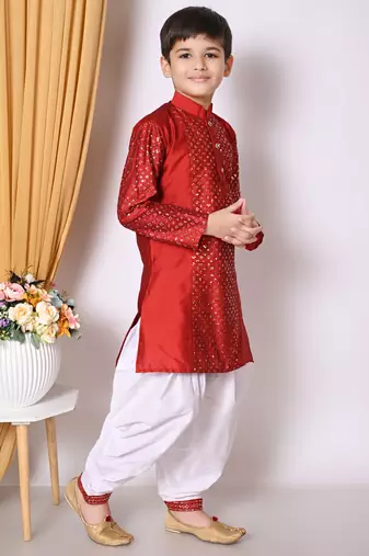 Embroidery & sequins work  maroon dupion silk kurta and patiyala set for boys