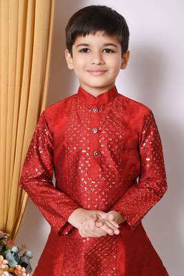 Embroidery & sequins work  maroon dupion silk kurta and patiyala set for boys 5