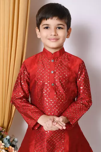 Embroidery & sequins work  maroon dupion silk kurta and patiyala set for boys