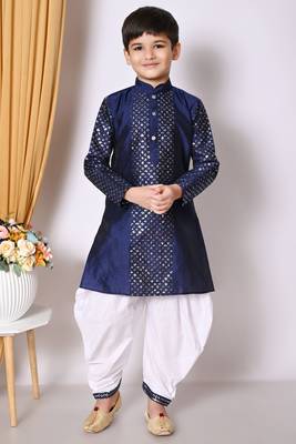 Embroidery & sequins work  navy blue dupion silk kurta and patiyala set for boys 1