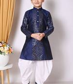 Embroidery & sequins work  navy blue dupion silk kurta and patiyala set for boys