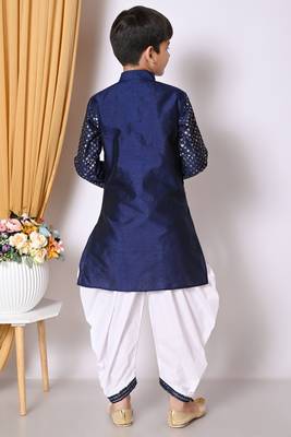 Embroidery & sequins work  navy blue dupion silk kurta and patiyala set for boys 2