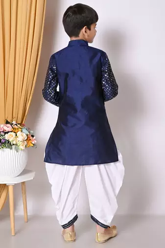 Embroidery & sequins work  navy blue dupion silk kurta and patiyala set for boys