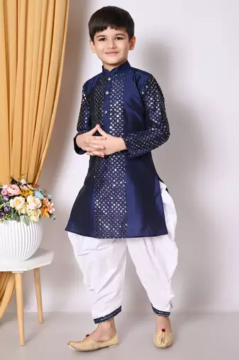 Embroidery & sequins work  navy blue dupion silk kurta and patiyala set for boys