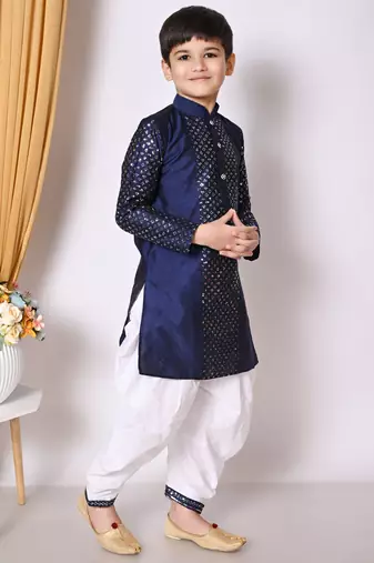 Embroidery & sequins work  navy blue dupion silk kurta and patiyala set for boys