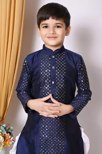 Embroidery & sequins work  navy blue dupion silk kurta and patiyala set for boys