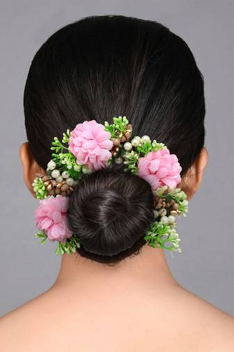 Pink color rose flower gajra for women hair pin