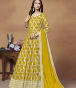 Jacquard embroidered mustard anarkali salwar suit