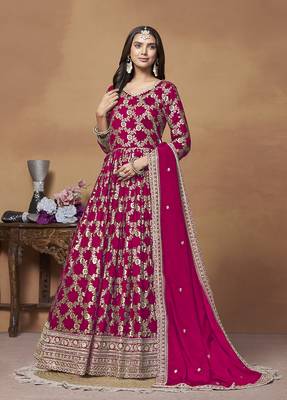 Jacquard embroidered crimson anarkali salwar suit 1