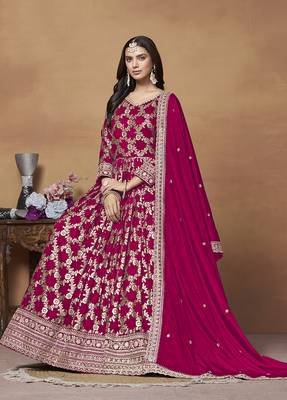 Jacquard embroidered crimson anarkali salwar suit 2
