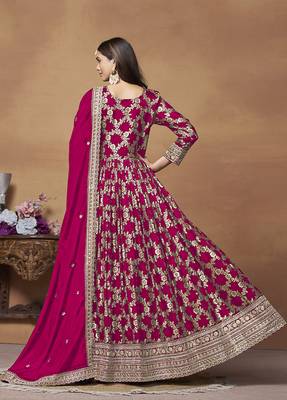 Jacquard embroidered crimson anarkali salwar suit 3