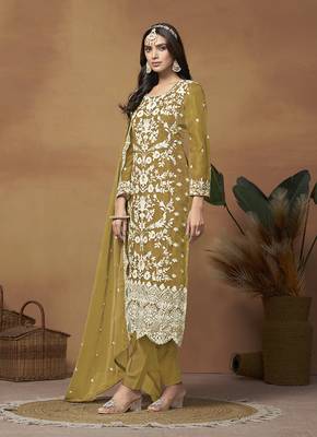 Olive organza embroidered pakistani salwar kameez 1