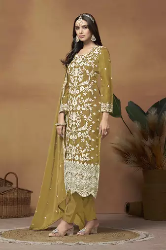 Olive organza embroidered pakistani salwar kameez