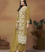 Olive organza embroidered pakistani salwar kameez