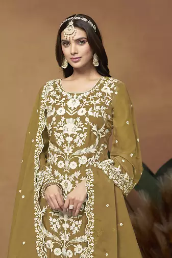 Olive organza embroidered pakistani salwar kameez