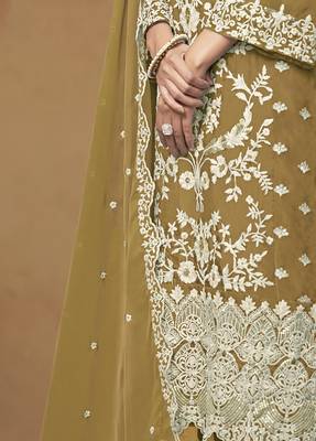 Olive organza embroidered pakistani salwar kameez 4