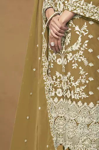 Olive organza embroidered pakistani salwar kameez