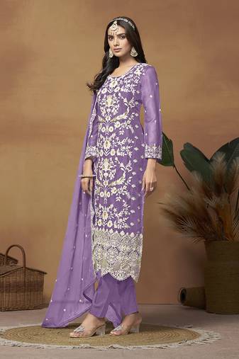 Lavender organza embroidered pakistani salwar kameez