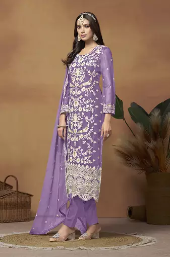 Lavender organza embroidered pakistani salwar kameez