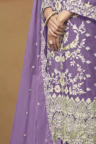 Lavender organza embroidered pakistani salwar kameez