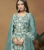 Turquoise organza embroidered pakistani salwar kameez