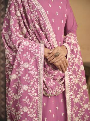 Faux georgette embroidered salwar kameez in pink 4
