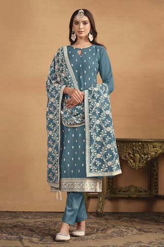 Faux georgette embroidered salwar kameez in teal