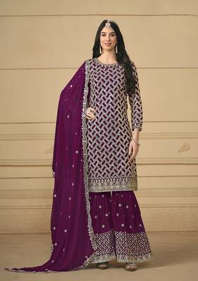 Embroidered faux georgette salwar kameez in purple 1