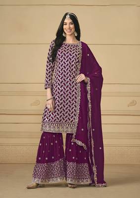 Embroidered faux georgette salwar kameez in purple 2