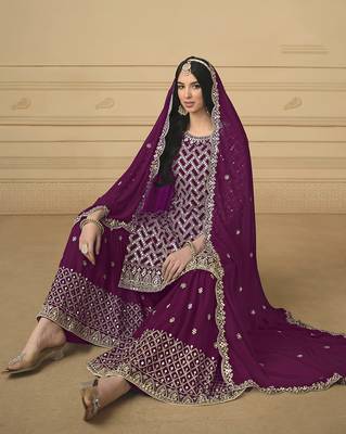 Embroidered faux georgette salwar kameez in purple 3