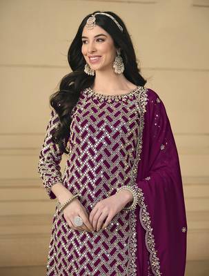 Embroidered faux georgette salwar kameez in purple 4