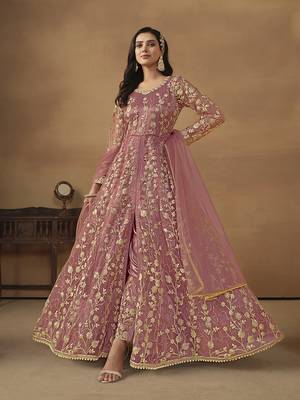 Net embroidered sequins pink pant style suit 1