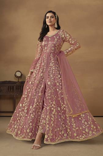 Net embroidered sequins pink pant style suit