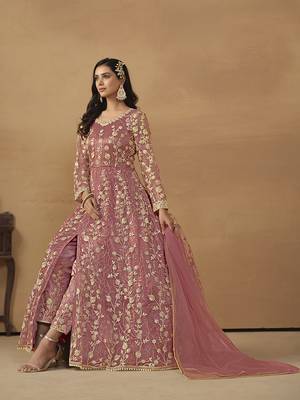 Net embroidered sequins pink pant style suit 2