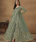 Net embroidered sequins light green pant style suit
