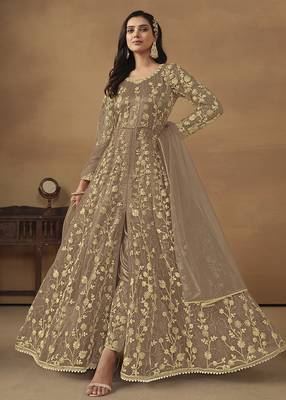 Net embroidered sequins brown pant style suit 1