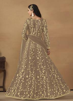 Net embroidered sequins brown pant style suit 2