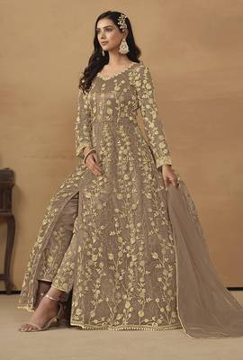 Net embroidered sequins brown pant style suit 3