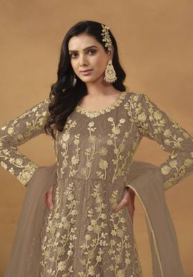 Net embroidered sequins brown pant style suit 4