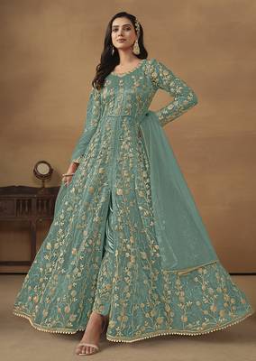 Net embroidered sequins turquoise pant style suit 2