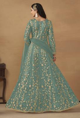 Net embroidered sequins turquoise pant style suit 3